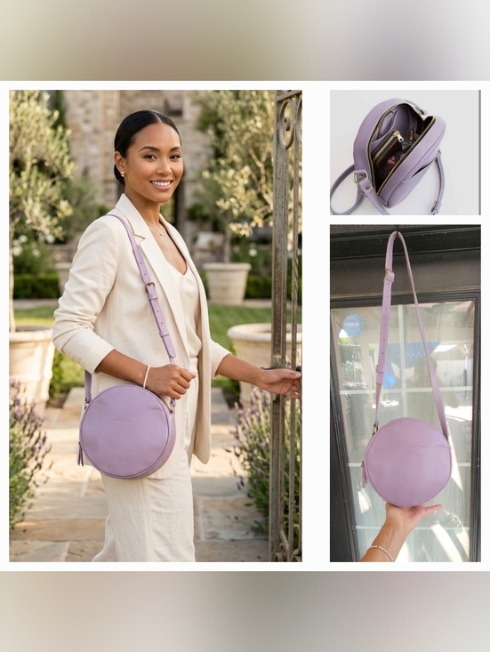 Portland Leather Handbags - The purple round bag in the image is a Circle Crossbody in the color Lavender